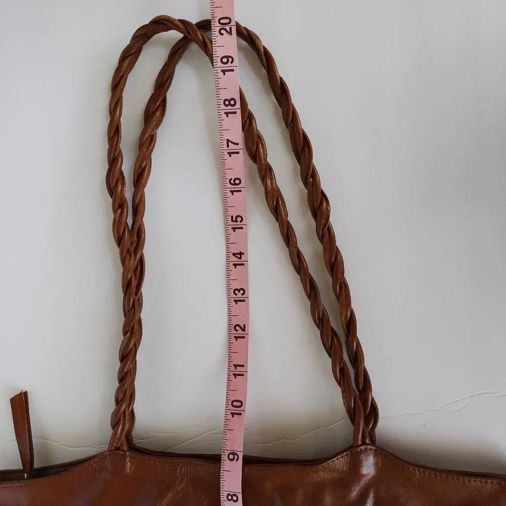 Latico Women's Brown Glossy Leather Tote Bag Purse With Braided Handles - Picture 5 of 16